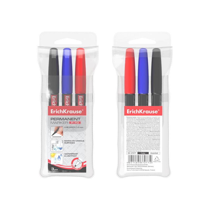 Set di 3 pennarelli indelebili ErichKrause P-70 nero, blu e rosso